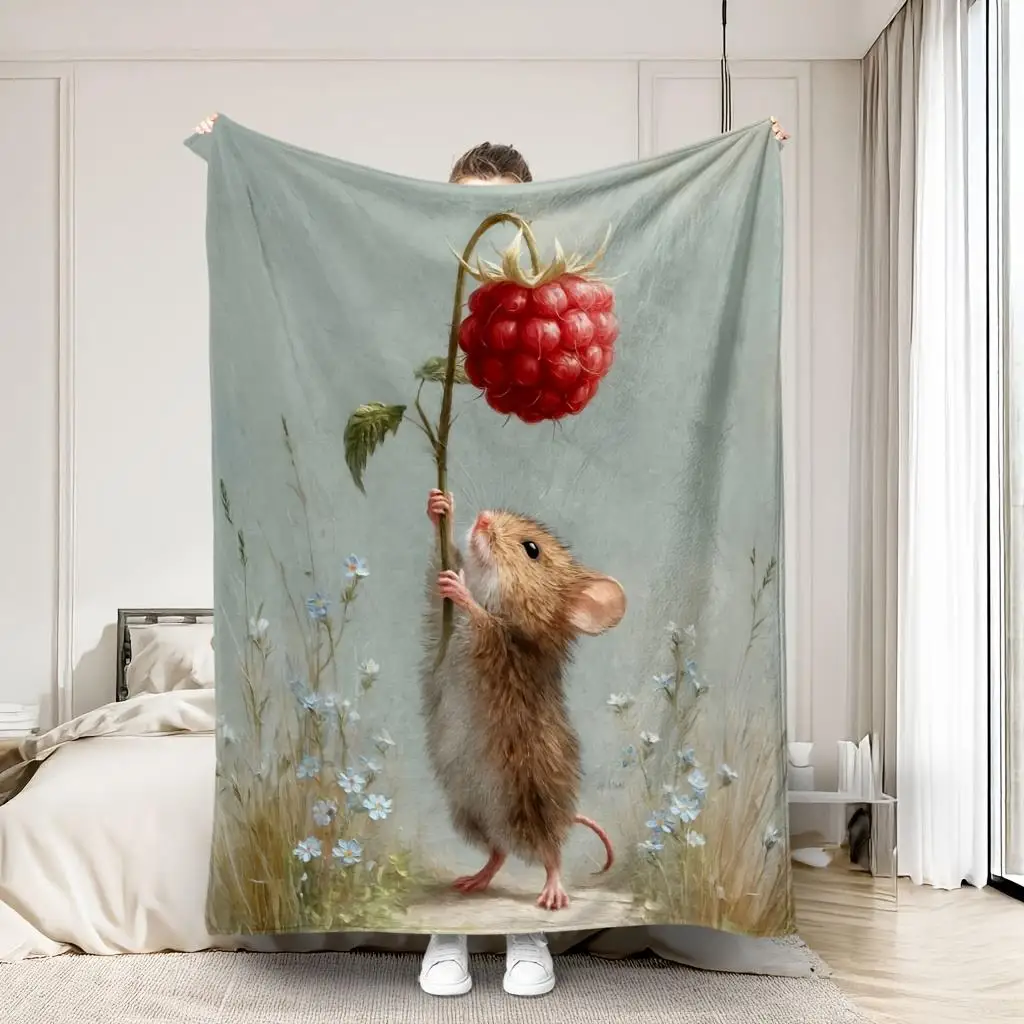 Plush Fleece Blanket Throw for Kids Nursery Decor Mouse Strawberry Woodland Theme Soft Cozy Winter Seasonal Bedding Gift