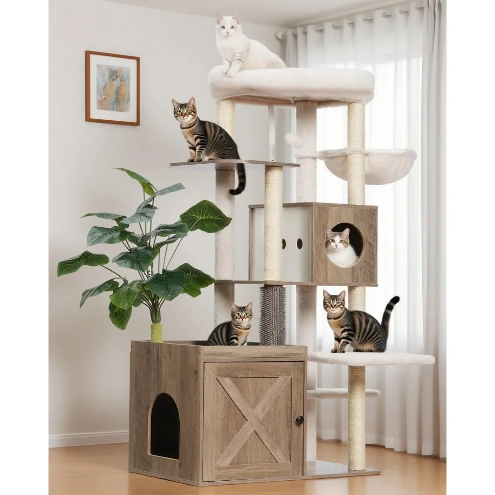 

Cat Tree With Litter Box Enclosure, Large Wooden Cat Tower Cat Condo For Indoor Cats With Play Garden (leaf, Lawn, Hair Rubbers)