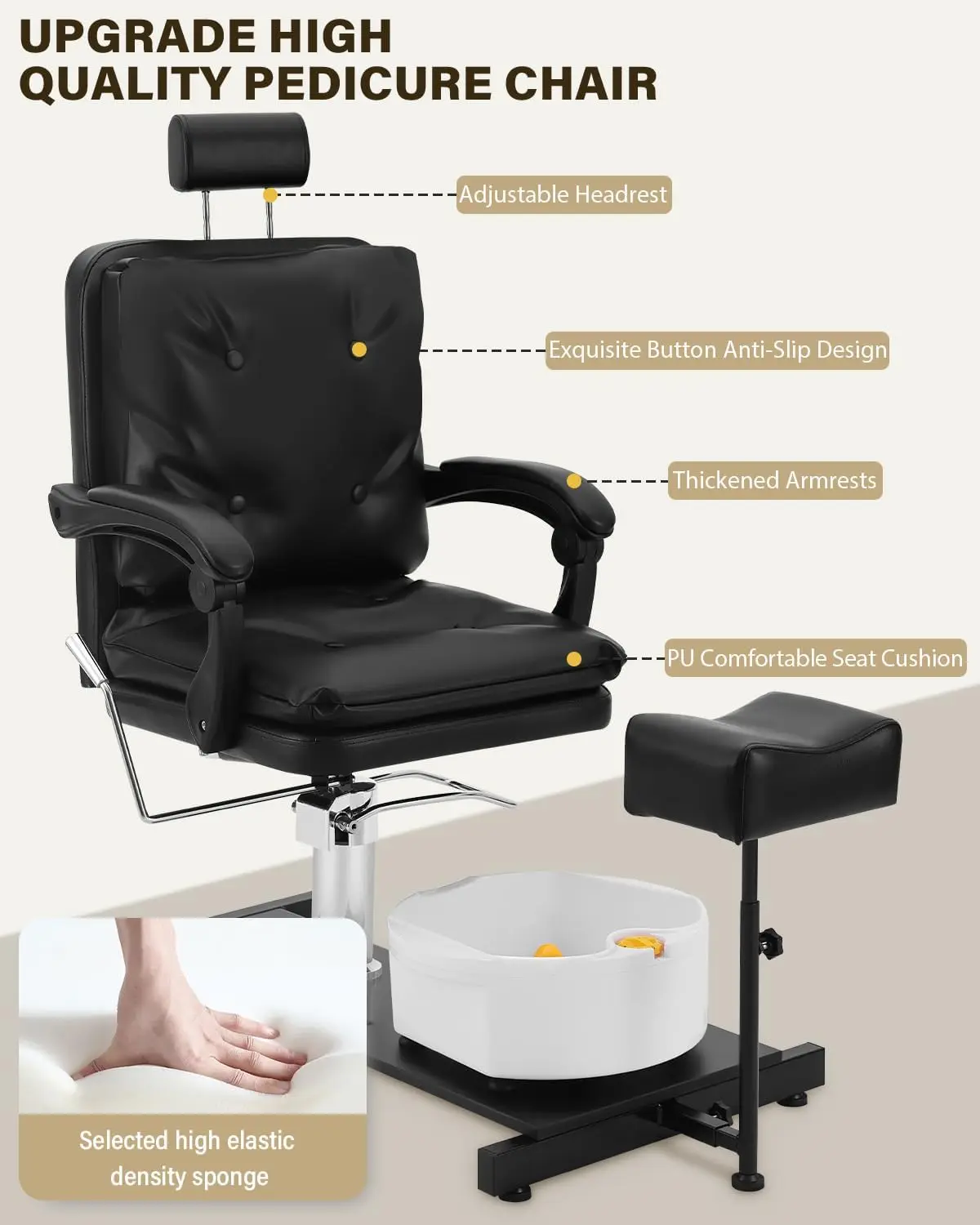 Estação de pedicure portátil reclinável, com bancos de pedicure para tecnologia de unhas, altura hidráulica ajustável, silla pedicure giratória 360