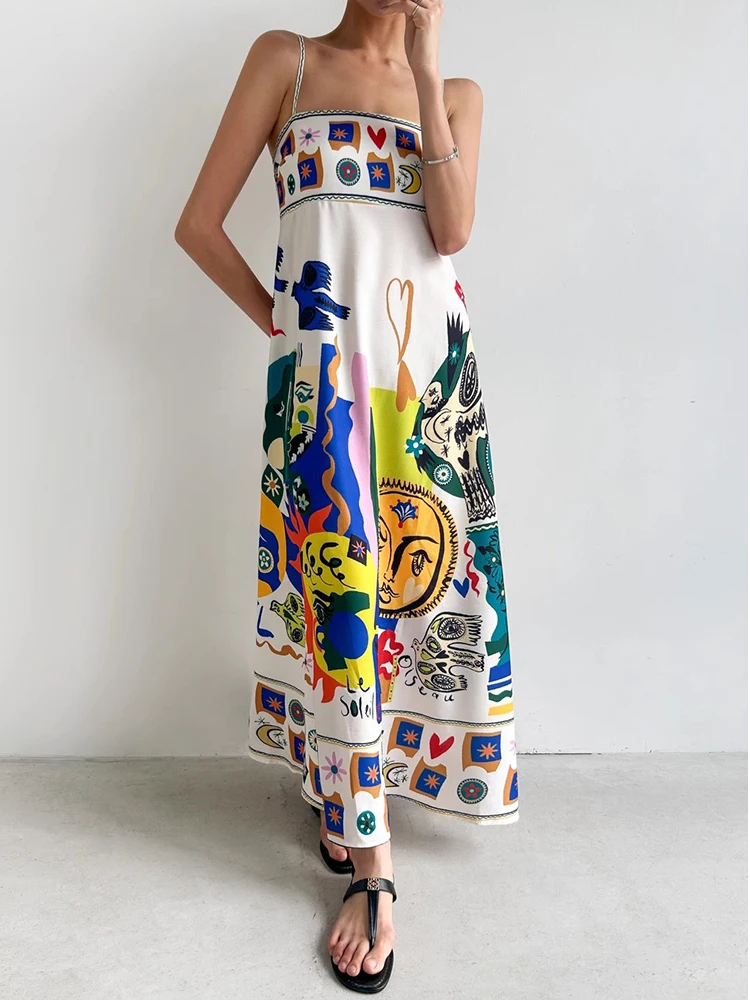 Chic Summer Vintage Holiday Sle Square Ne Abstract fiti Print Design A-Line Strapl Dr Women's High Waist No Brand