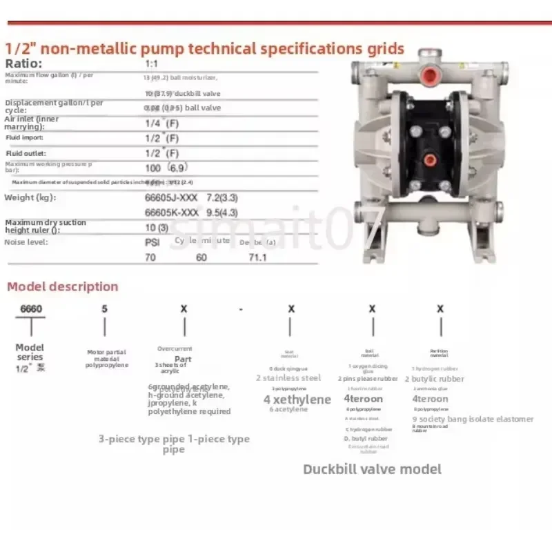1/2“ Inch Polypropyl PP Pneumatic Air Operated Double Diaphragm Water Pumps 66605J-3EB Pump 66605J-344 66605J-388
