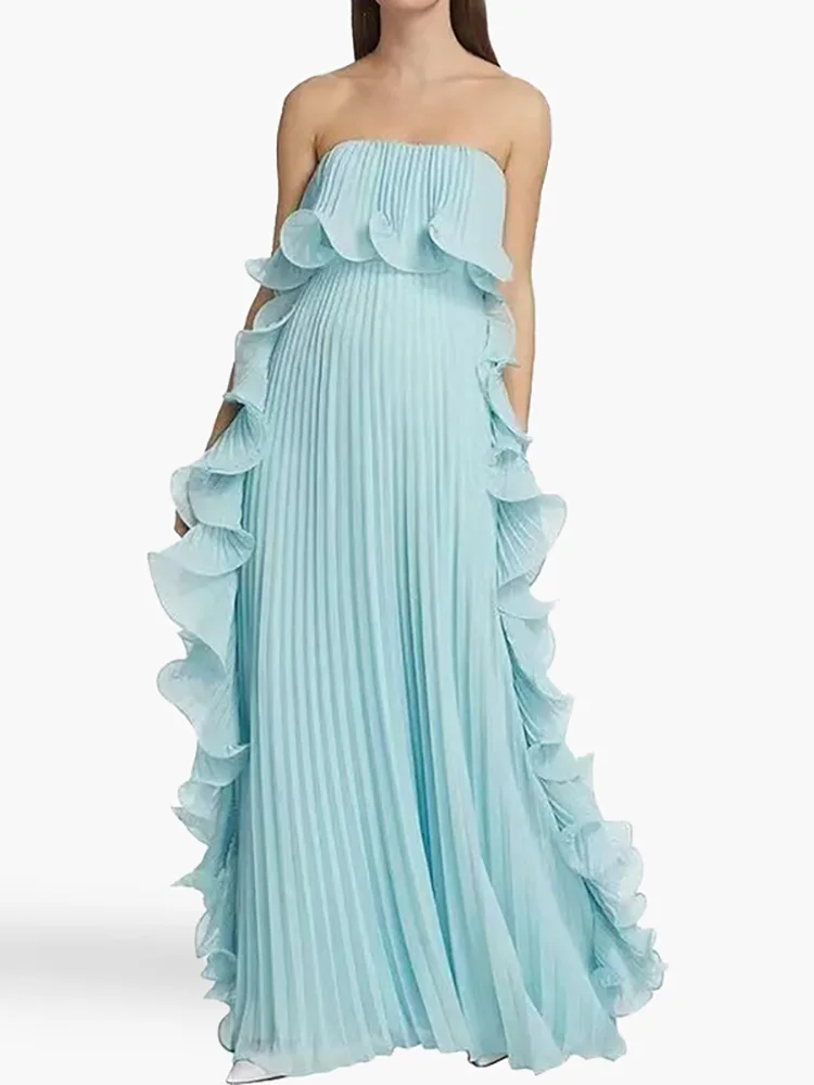 

Backless Patchwork Fashion Party Dress, Women Summer Holiday Sleeveless Simple Maxi Dress, Solid Strapless Elegant Ladies Dress