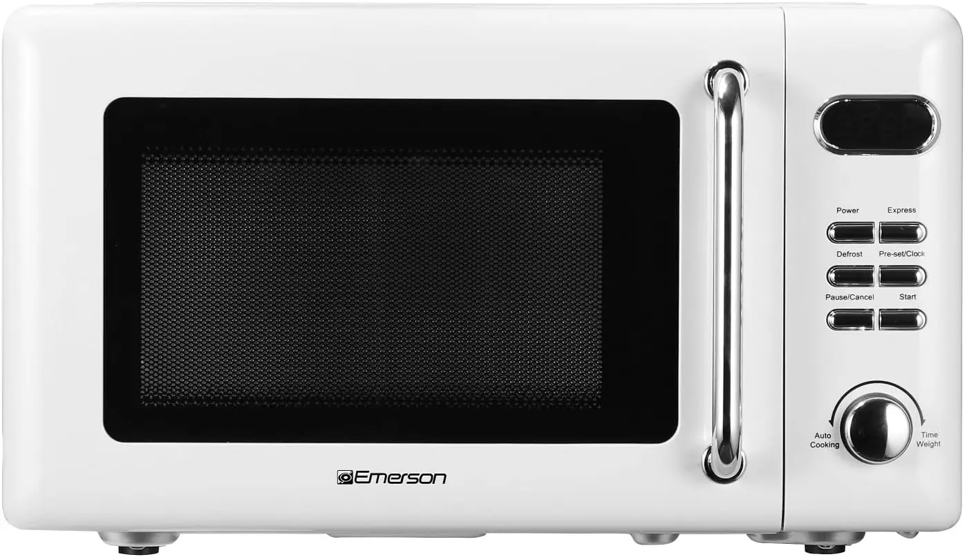 

Compact Countertop Microwave Oven with Button Control, LED Display,700W 5 Power Levels, 8 Auto Menus,Glass Turntable,Retro White