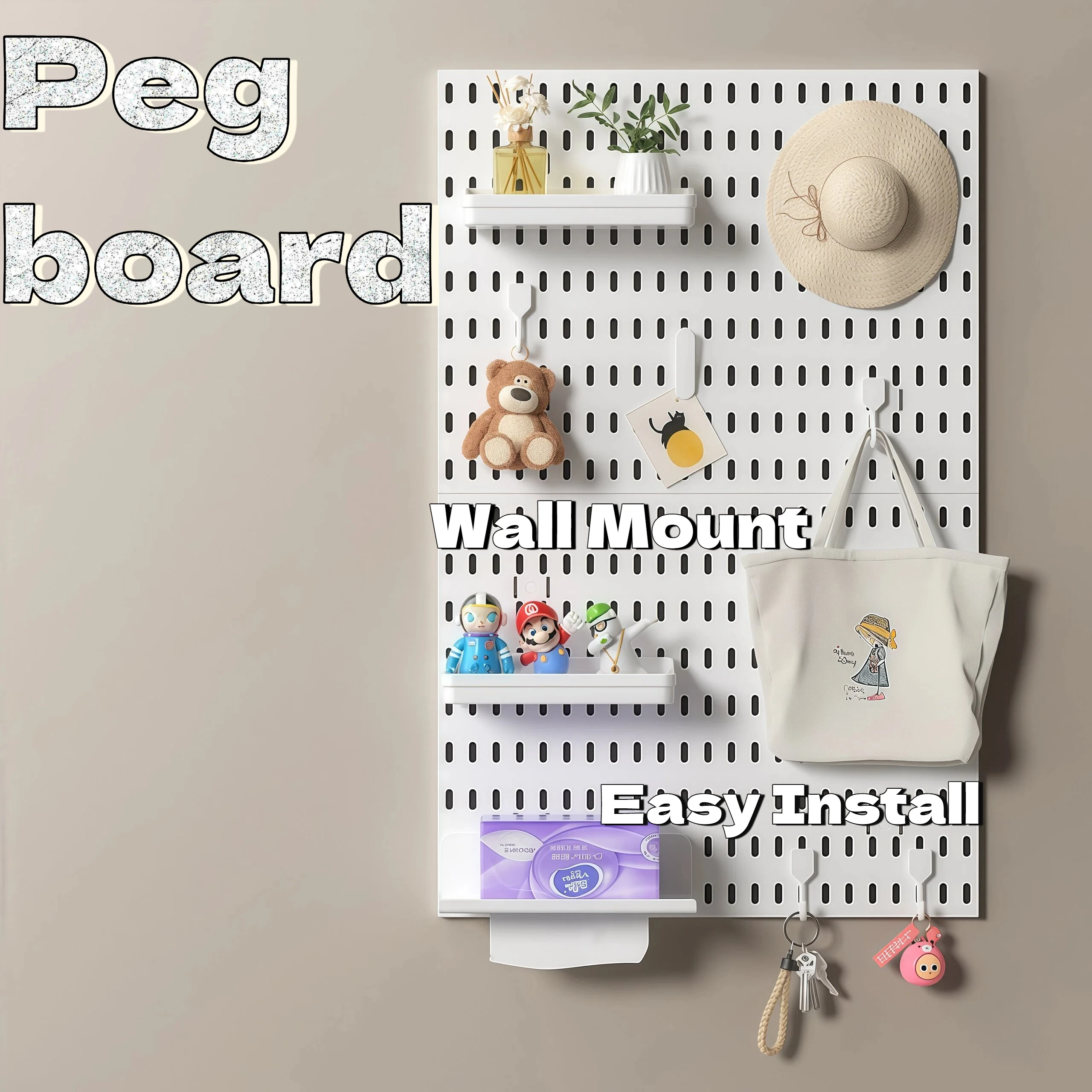 Bedroom Organization Pegboard Wall Mounted, PP Hole Board with Hooks Tray for Desk Stationery Phone Storage, Black White