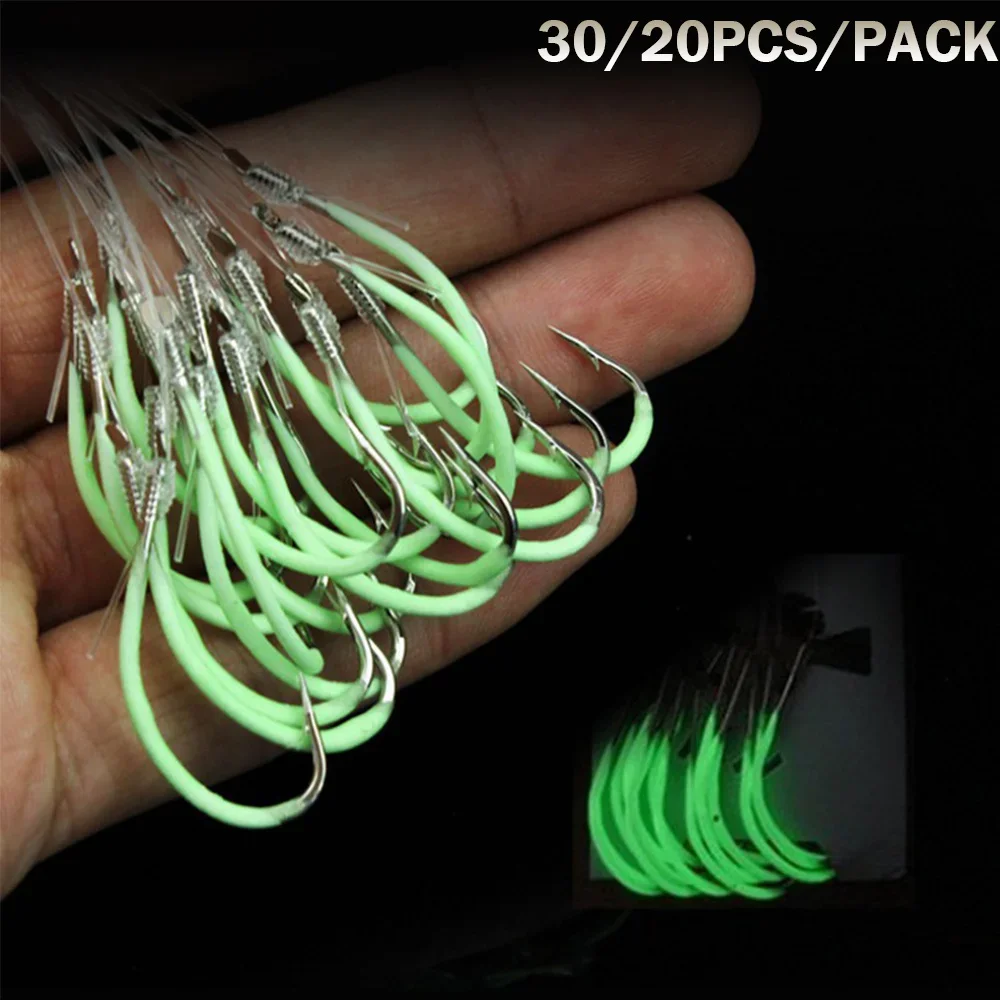 30pcs/lot Night Fishing Hook Glow In Dark String Hooks 16-24# Luminous Crank Nake Single Fishhook Freshwater & Saltwater