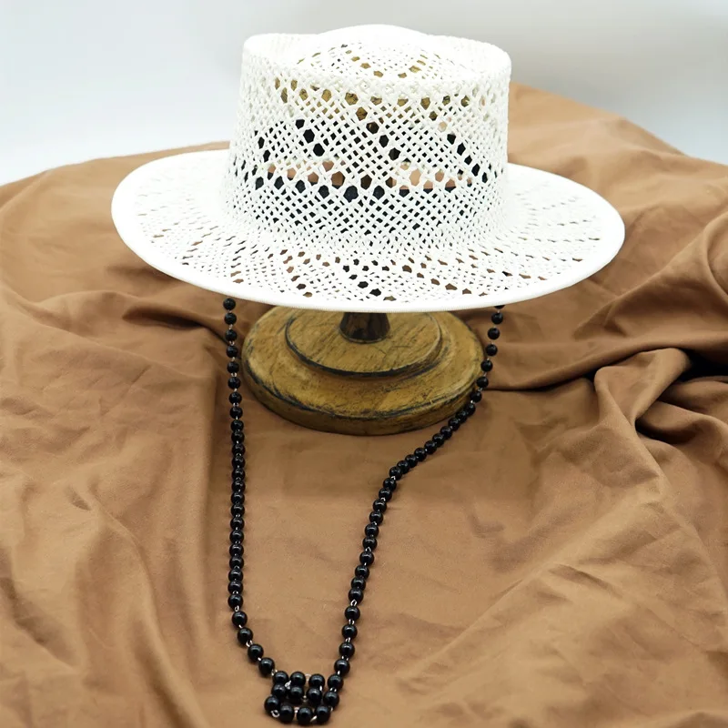 Handwoven White Panama Hat Women Summer Hat with Pearls Chain Hollow Out Summer Hat Vacation Beach Straw Hat Travel Boater Hat