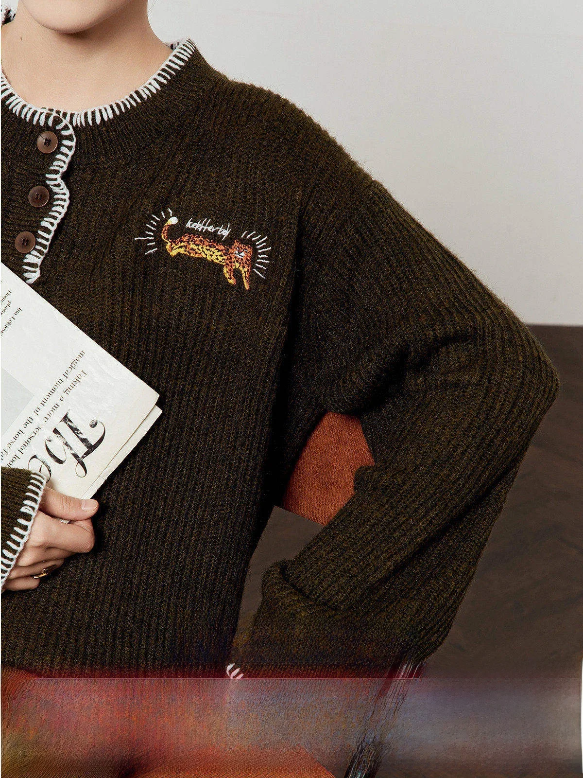 

Женский шерстяной свитер Moss een с вышивкой в виде леопарда, винтажный, осенне-зимний, теплый, с круглым вырезом, с длинными рукавами