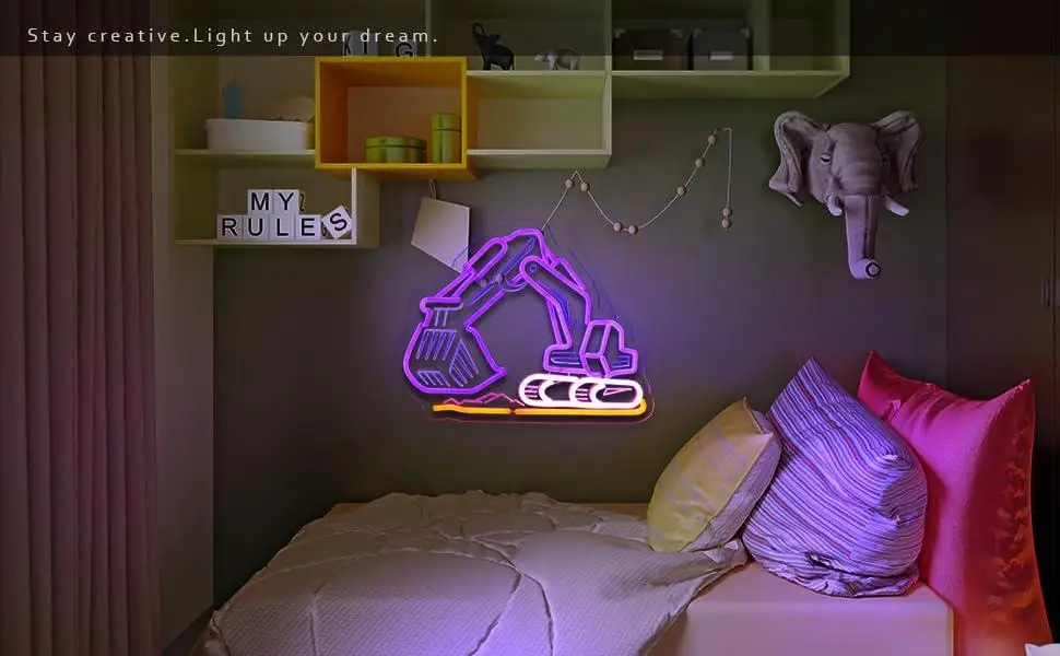 Excavator Neon Sign USB Dimmable LED Lights For Teen Boys Bedroom Game Room Interior Ornament Creative Birthday Gift For Kids