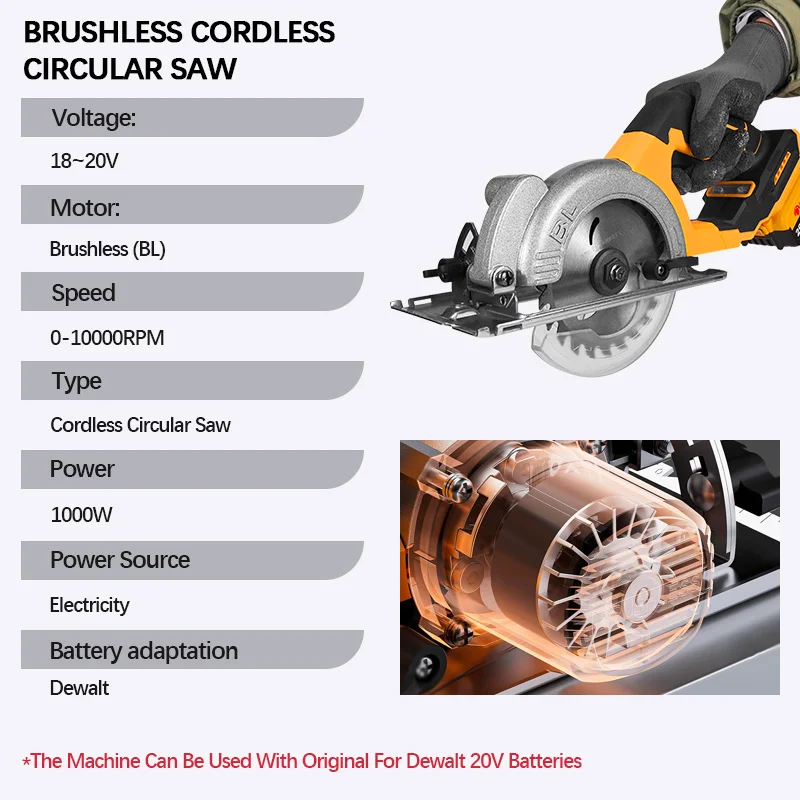 5 Inch Brushless Electric Rechargeable Circular Saw High Power Cordless Woodworking Cuttiing Tool for Dewalt 20v Battery Pin