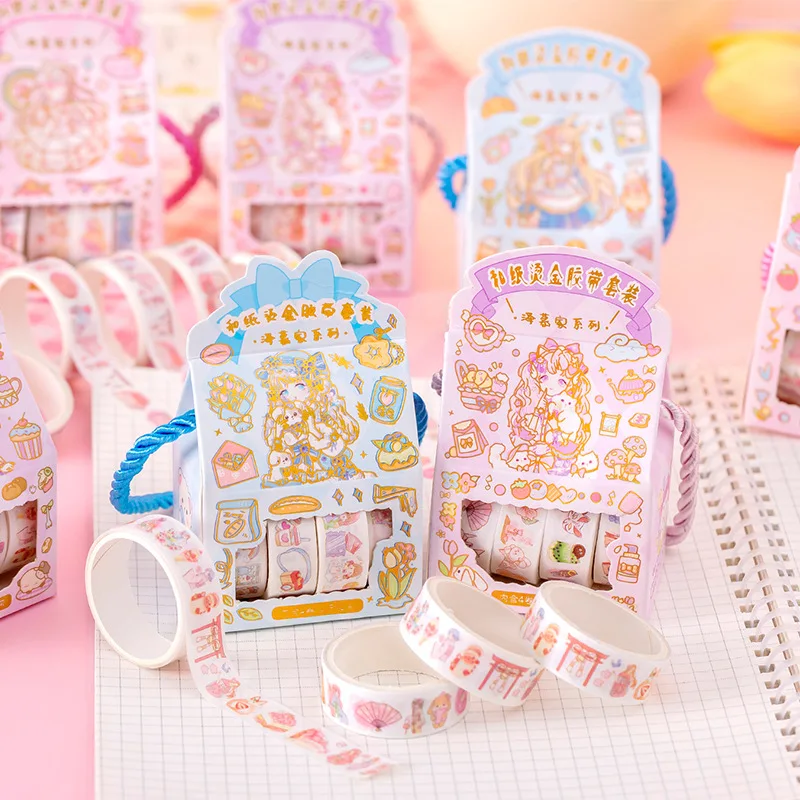Bronzing and Paper Hand Account Tape Set Portable Gift Pack Cute Girl Cartoon Film Student Creative Sticker