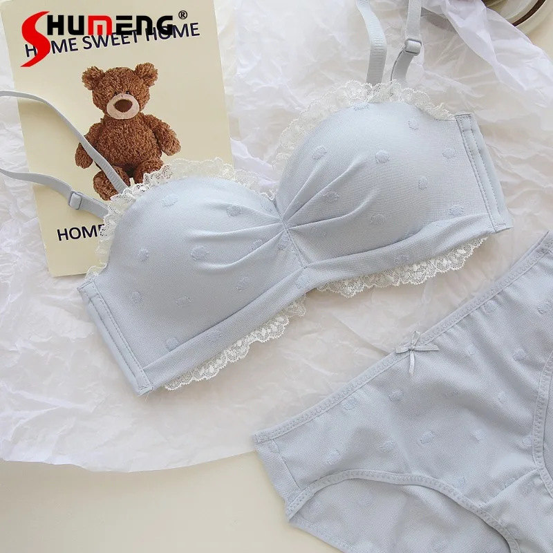 

Lace Ruched Polka Dot Bra Set for Women Pure Desire Soft Small Chest Intimates Female Push Up Wireless Half Cup Brief Suits