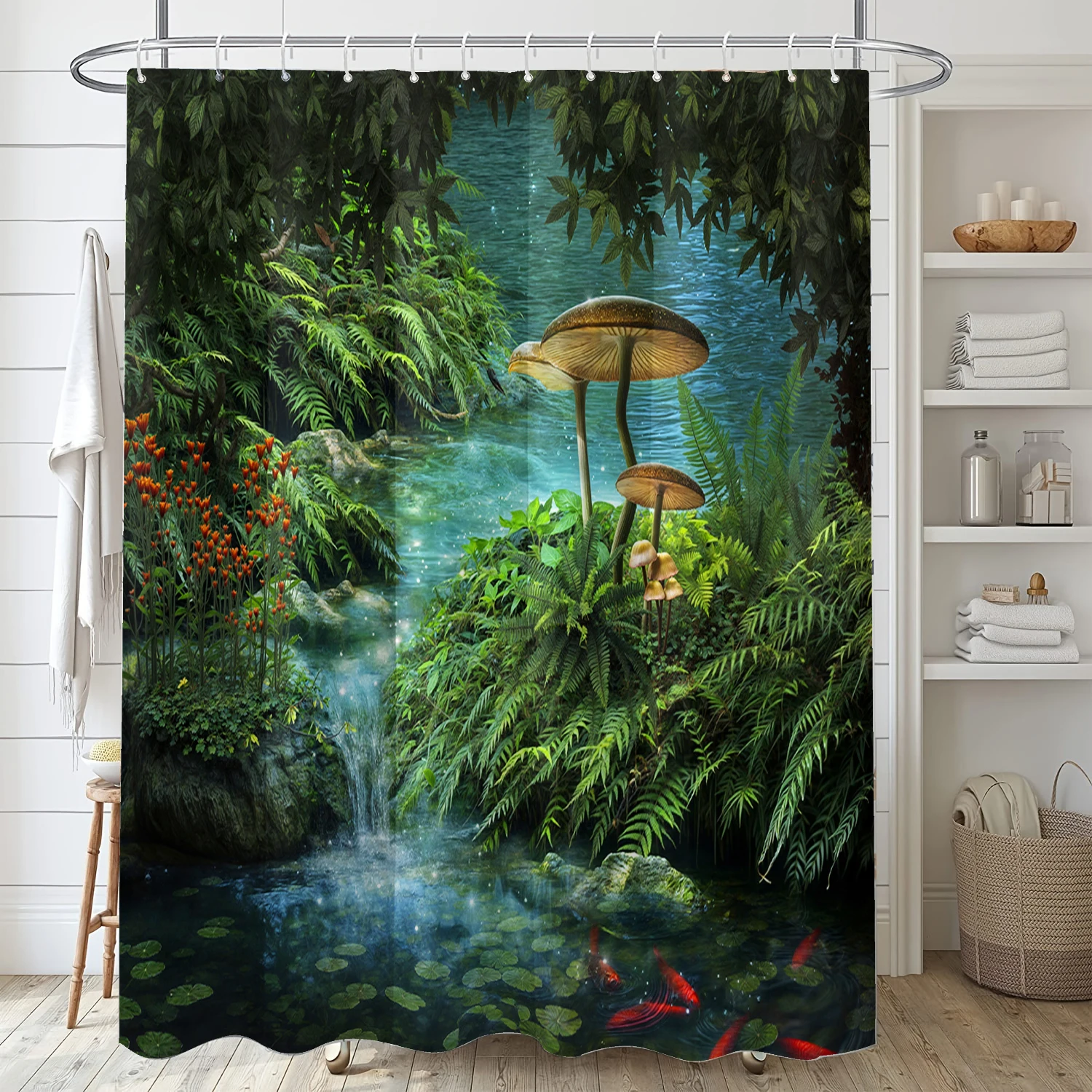 4-piece set of Mushroom Forest pattern waterproof shower curtain with 12 hooks, waterproof printed curtain, bathroom floor mat