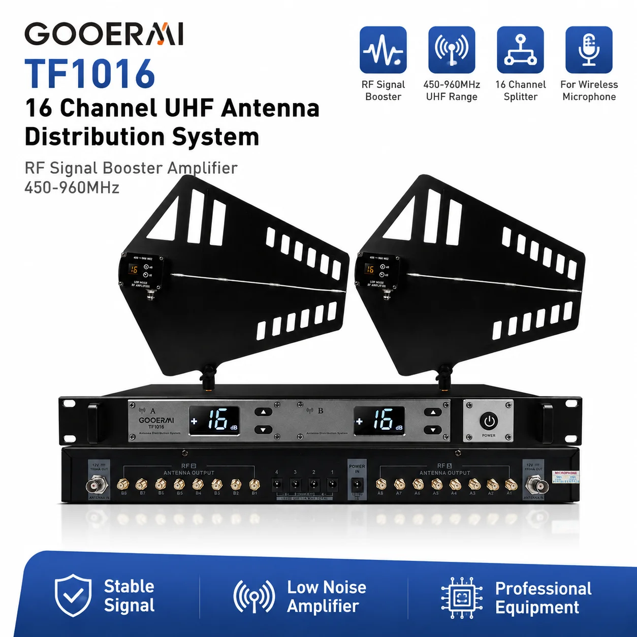 GOOERMI TF1016 16 Channel UHF Mic Antenna Distribution System RF Signal Booster Amplifier 450-960MHz Wireless Microphone Splitte