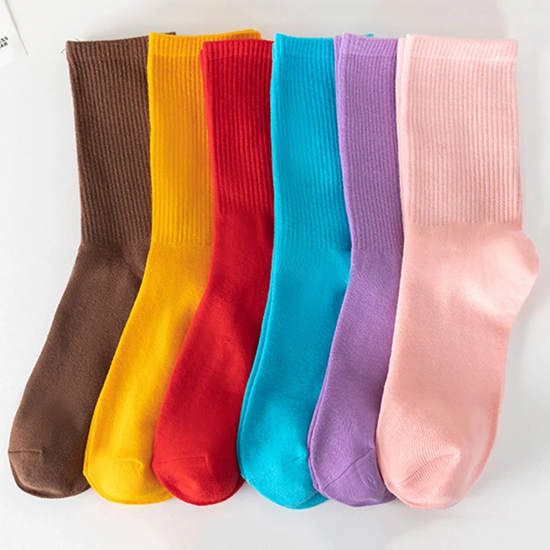 EUR35-45 New Women\'s Thick Candy Color Cotton Sock Stockings Four Seasons Women\'s Socks Middle Tube Socks Comfortable Home Sock