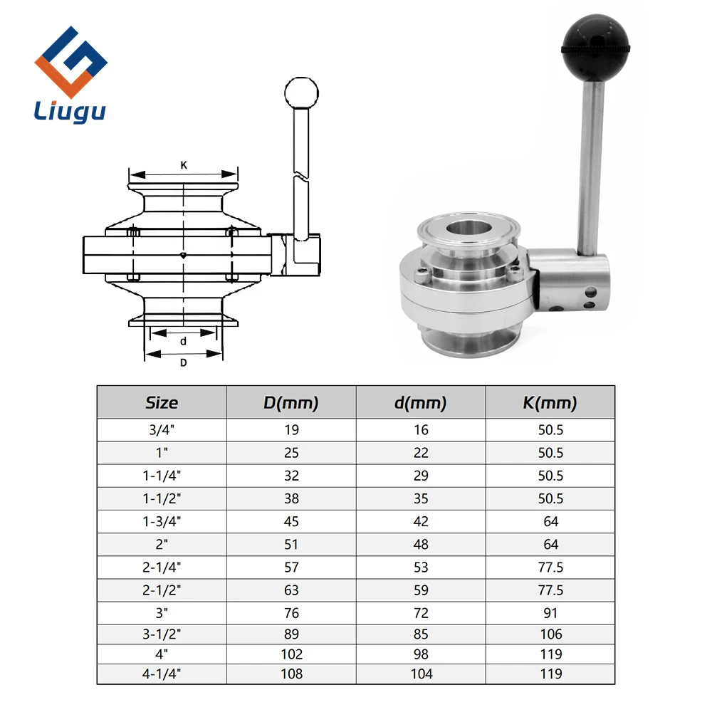 SS304/316L Stainless Steel Sanitary Tri Clamp Butterfly Valve, 3/4