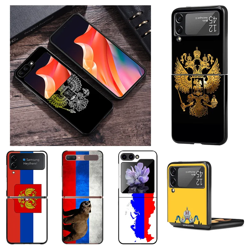 Black Phone Cases for Samsung Z Flip 6 5 4 3 Vintage Russia Flag Hard Galaxy ZFlip6 Flip5 Flip4 Flip3 Mobile Phone Shell Cover