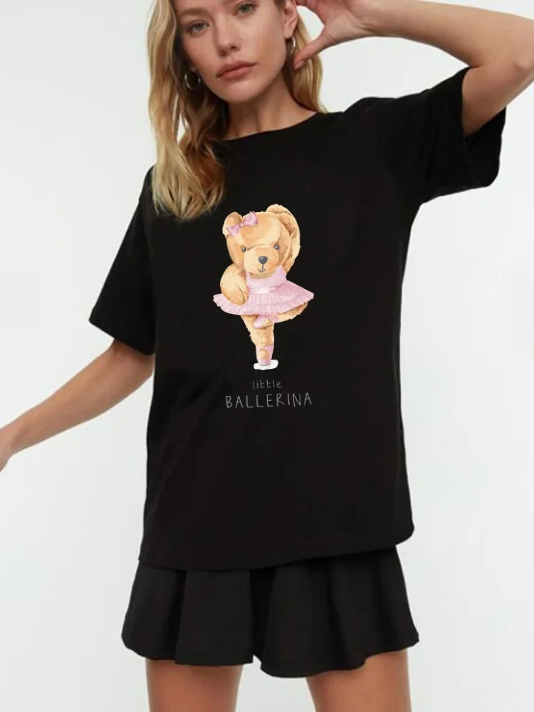 Sunfiz T Shirt Women Ballet Bear Print Graphic Tee Kawaii Top Female Clothes Casual Y2k Vintage Aesthetic Streetwear  Flora