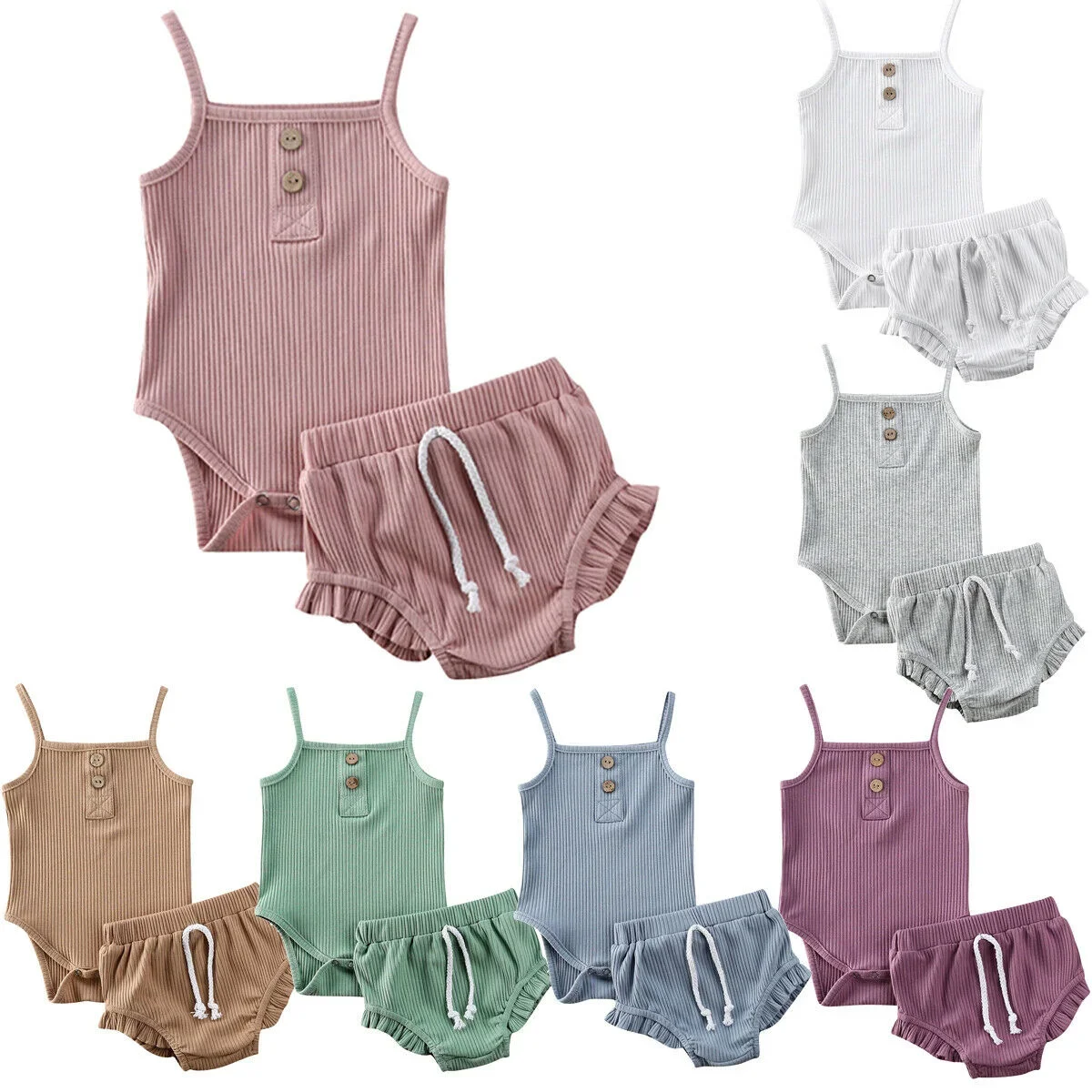 

2020 Baby Summer Clothing 2PCS Newborn Girl Solid Knitted Vest Crop Tops Shorts Ribbed Outfit