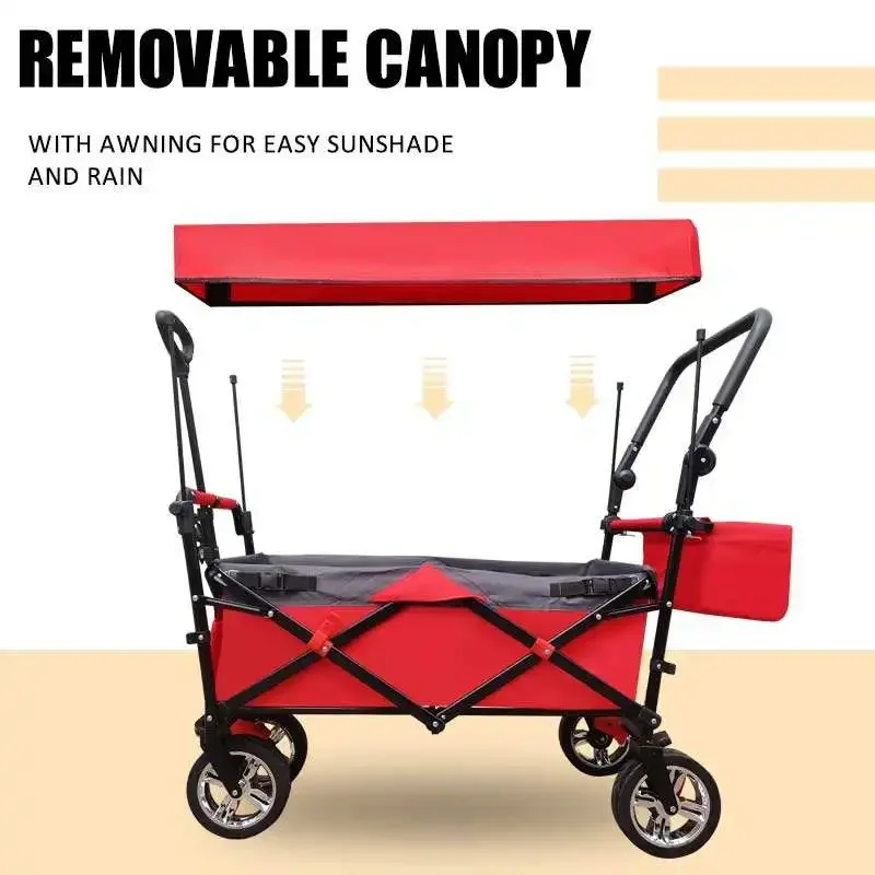 Foldable Wagon Stroller for Kids, Beach Wagon Cart with Big Wheels and Canopy with Adjustable Push Pulling Handles