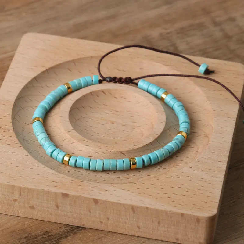 1PC Natural Blue Emperor Stone Beads Woven Bracelet Polished Block Shape Adjustable Rope Lady's Gift Bracelet Beaded Bracelet - view 3