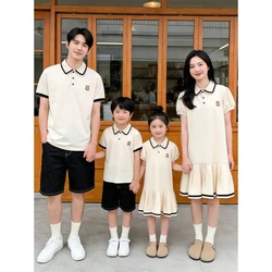 2026 Summer Family Matching Outfits Father Son Polo Shirts Mother Daughter Puff Sleeve Dress Cartoon Bear for Family Photoshoot