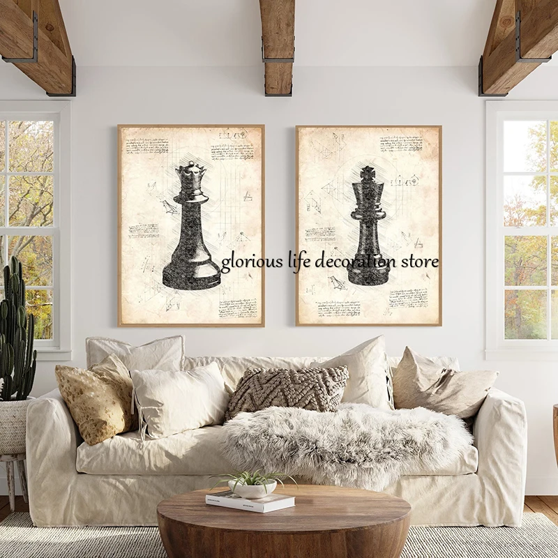 King Queen Knight Bishop Rook Pawn Chess Pieces Sketch Poster Chess Board Canvas Printing Wall Art Picture for Room Home Decor