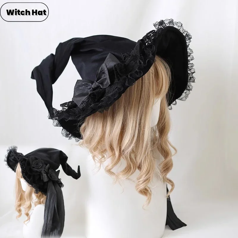 IMU Gothic Handmade Harajuku Magic Hat Women Wizard Bowknot Velvet Lace Dark Witch Hat for Cosplay Lolita Halloween Costume