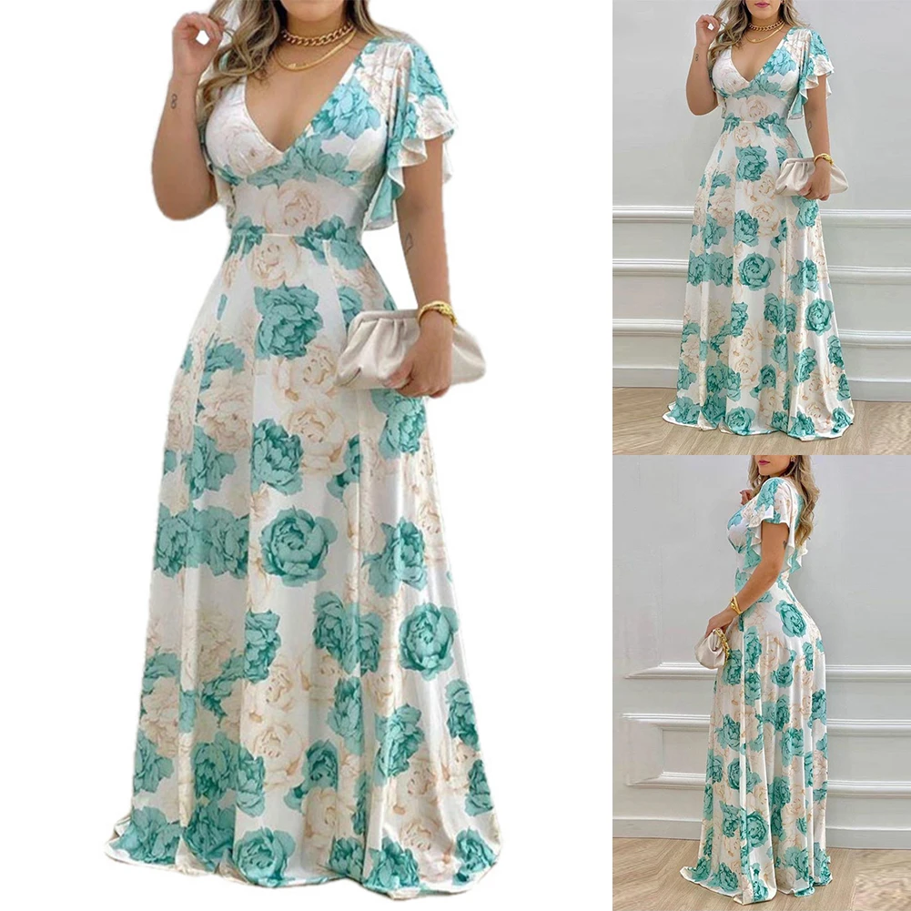 

Платье женское длинное с V-образным вырезом, Элегантное летнее макси-платье с коротким рукавом и цветочным принтом, в виде листьев лотоса, с завышенной талией