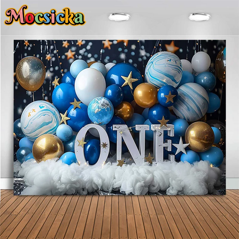 Baby 1st Birthday Background Bluey Ballon Pentagram One Newborn Girl Portrait Decor Cake Smash Photography Backdrop Photo Studio