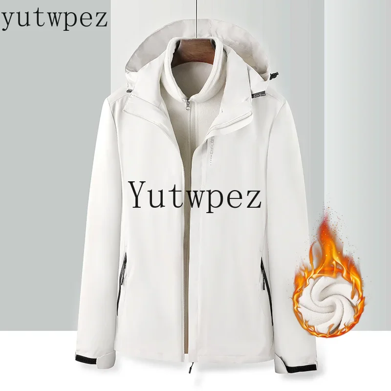 Fleece Liner Windbreaker for Climbing Cycling Running Hiking Men's 3-in-1 Outdoor Jacket, Winter Thickened Hooded Cargo Coat