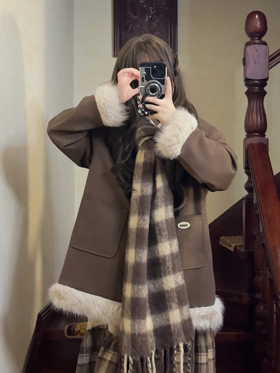 

Long Loose Brown Patchwork Woolen Scarf Lazy Dog Sle Women's Coat Pinkdog Studio Vintage Straight Leg Regular Sve Polyes...