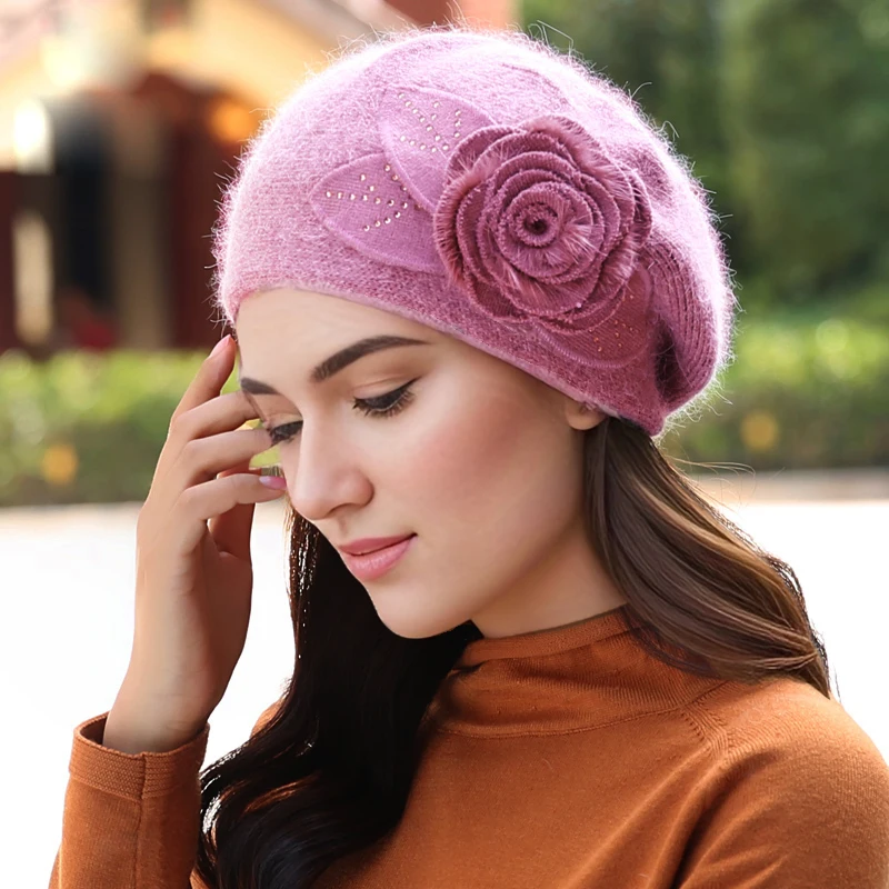 Autumn and Winter Versatile Knitted Beret Women\'s Korean Edition Chao Rabbit Hair Thickened Woolen Hat Winter Warm Ear Protectio