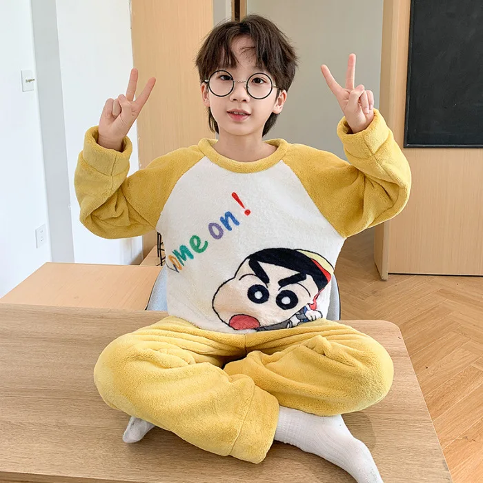 2 قطعة الكرتون تلوين شين تشان بنين الأطفال المخملية منامة مجموعة البلوز السراويل أنيمي اليابانية الكرتون الخريف الشتاء ملابس منزلية جديدة #1