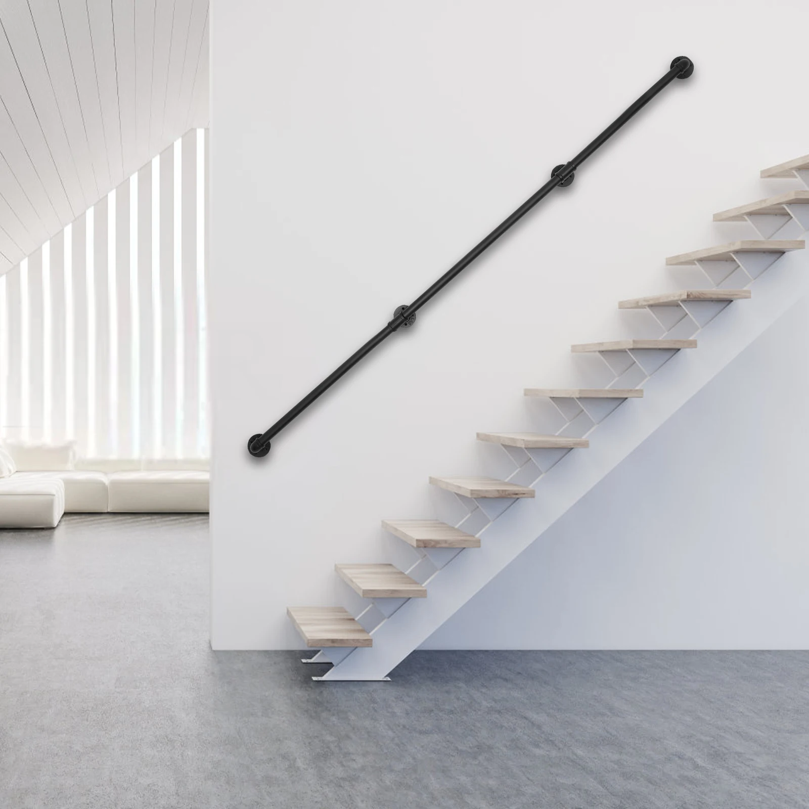 12ft/366cm Staircase Handrail Stepladder Stair Railing Wall-mounted Loft Pipe 3 Sections For Indoor And Outdoor