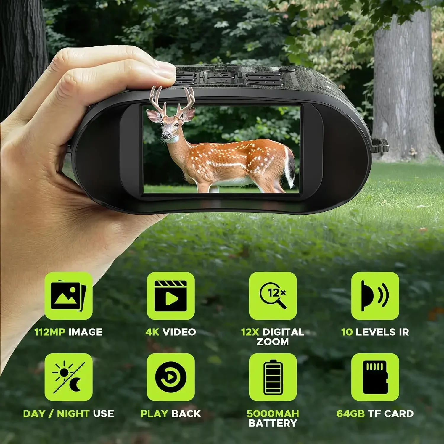 Night Vision Goggles, 112 MP 4K Night Vision Binoculars for Adults, 12X Zoom & 5000mAh Battery, 64GB Card Included, Infrared Binoculars Night Vision, Tech Gadgets Telescope for Bird Watching