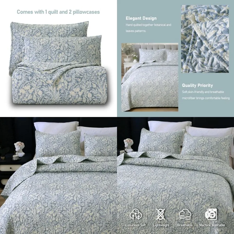 

Quilt Set California King Size 3Pcs, Bluish Grey Printed with Beige Leaves Pattern, Soft Microfiber Lightweight Bedspread for A
