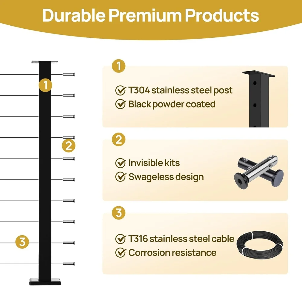 36" Cable Railing System Complete Set Stainless Steel Level Drilled Posts Kit Fixed Top No Handrail Easy Installation