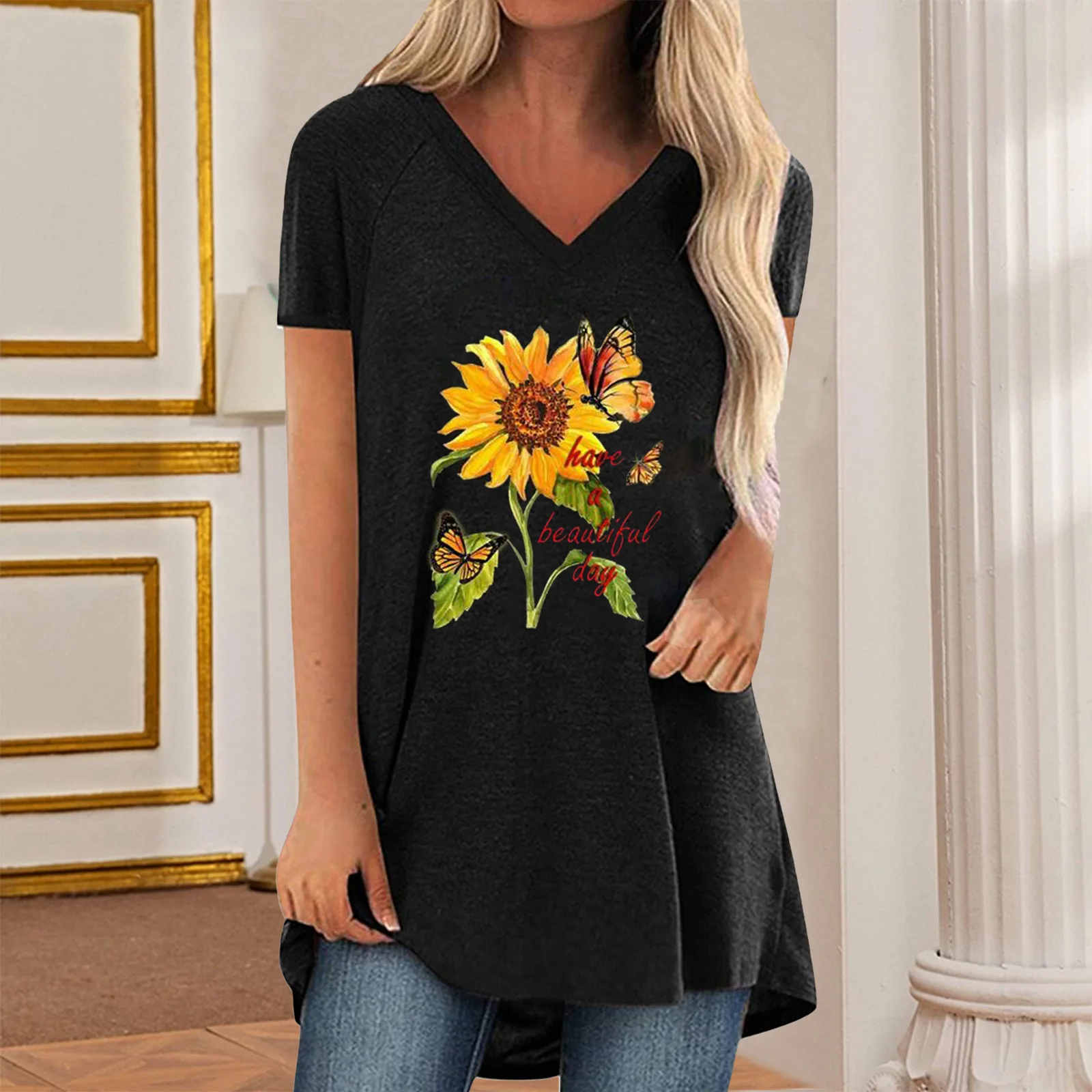 

Summer Fashion New Women's Casual Loose Short-sleeved Printed Top Commuter All-match Bottoming Shirt T-shirt Female and Lady