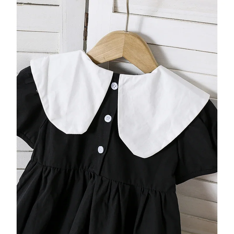 أطفال حفلة القوس Dress1-6Yrs طفل الفتيات فستان ملابس الرضع الصيف الأطفال التطريز زهرة دمية طوق فقاعة القطن الأسود