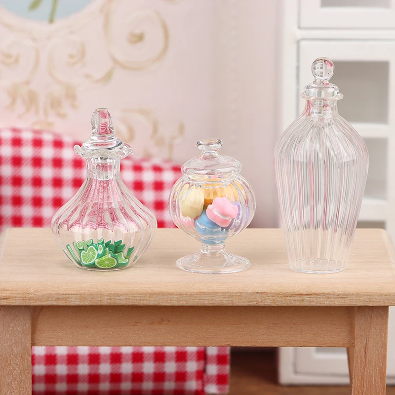 1PC 1:12 Dollhouse Miniature Glass Candy Jar Vintage Striped Jar Candy Bottle Model Toys Furniture Doll house Decor Accessories