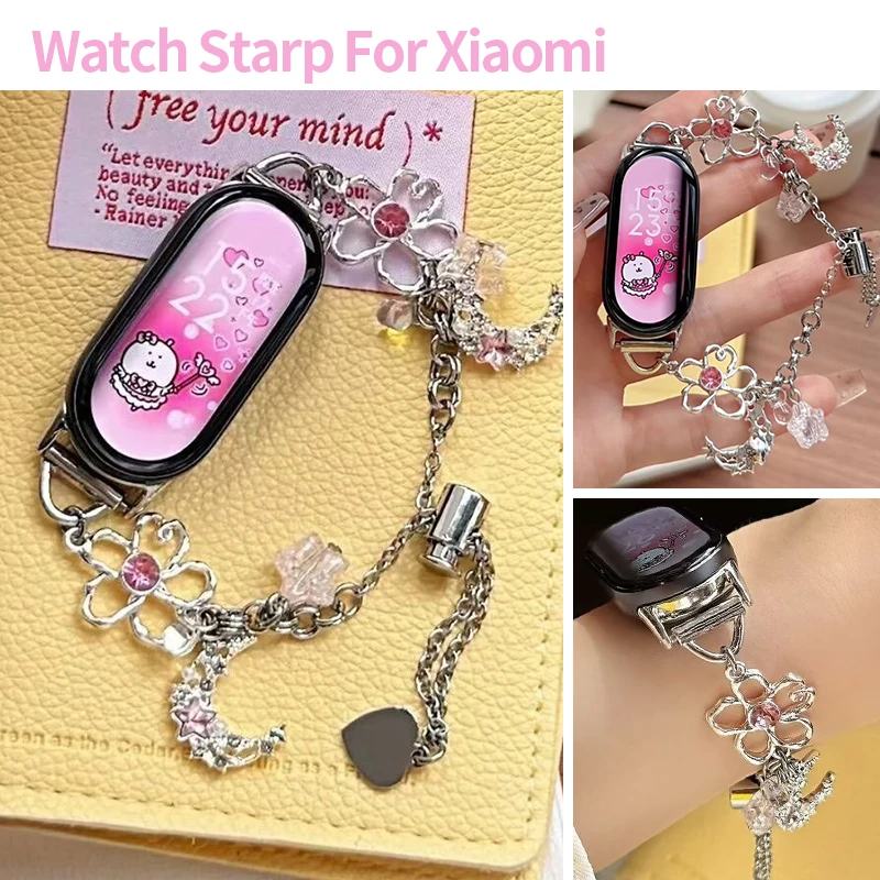 Romantic Flower Metal Bracelet Strap for Xiaomi Band 10 9 8 Pro Pink Rhinestone Moon Star Chain for Redmi Band 6 5 4 Wristband