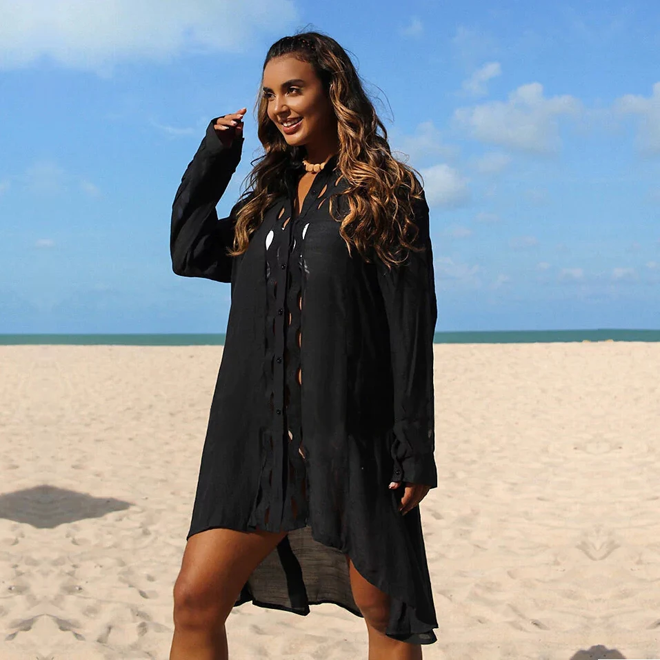 Long Sleeve 2026 New Cutout Swim Cover Up Women Swimsuit Trendy Lady Shirt Collar Beach Dress Mujer Playa Bathing Suit Beachwear