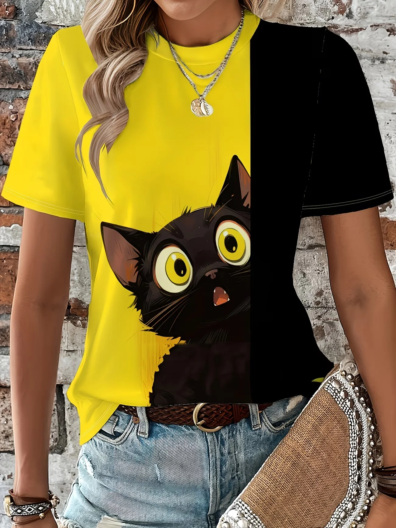 Crew Neck Short Sleeve Neon Style Cat Floral Print T Shirt Women's Outfits Casual Streetwear Lady Loose Clothing Cute Tops