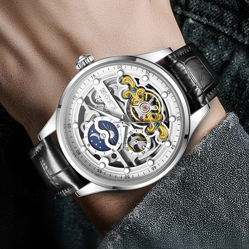 LIGE ساعة ميكانيكية مجوفة جديدة للرجال موضة الأعمال الرياضية مضيئة ساعة أوتوماتيكية الرجال الفاخرة مقاوم للماء ساعات رجالية