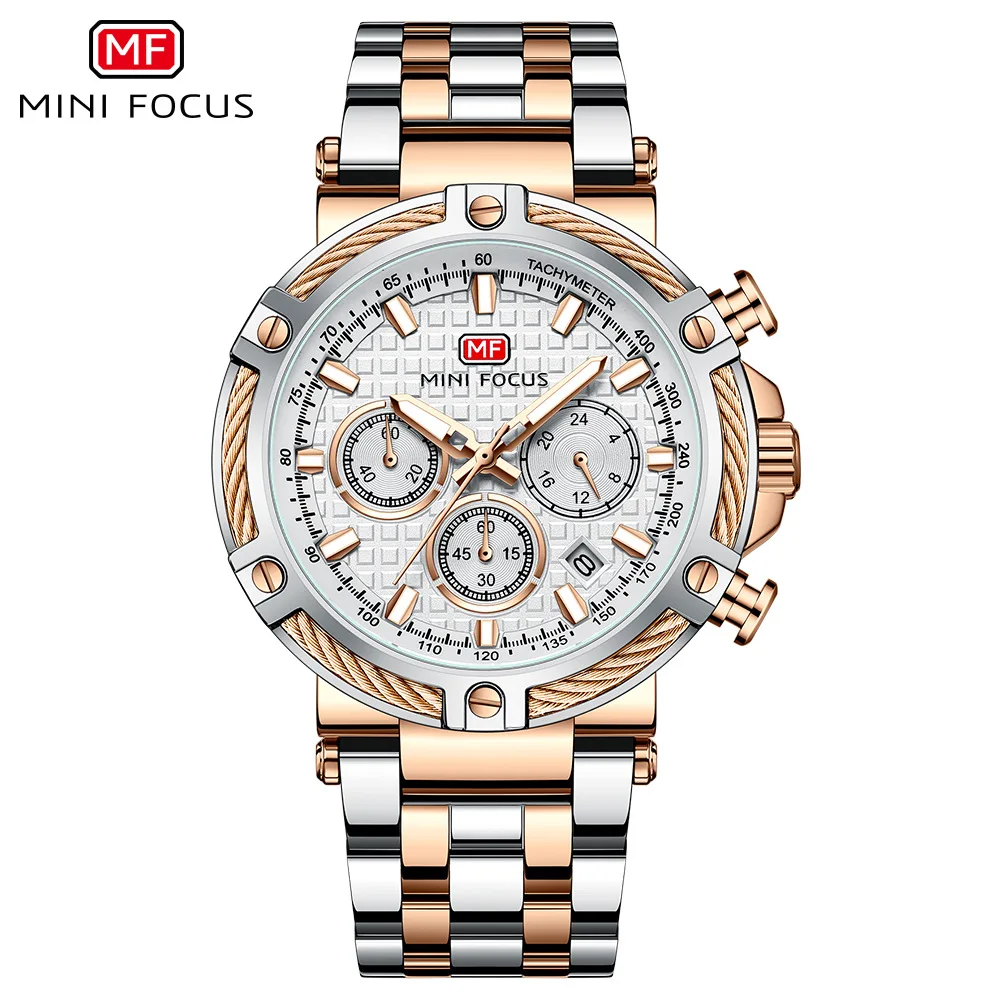 MINI FOCUS 2026 NEW Men Quartz Watch Chronograph Stainless Steel Band Tachymeter Date Waterproof Business Male Wristwatch