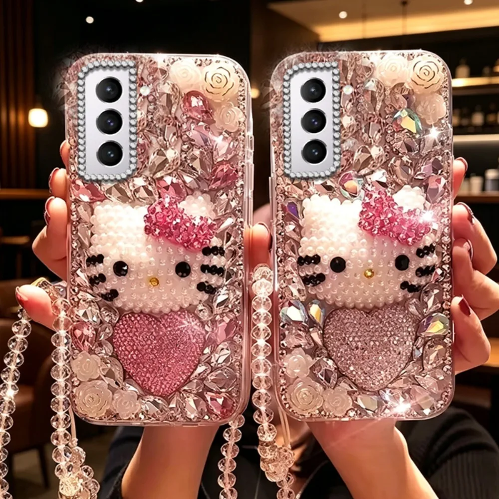 Luxuriöse Diamant-Strass-Hello-Kitty-Handyhülle für Samsung A16 A17 A27 A37 A32 A42 A34 A24 A54 A36 A57 A37 A27, modisch mit Kette