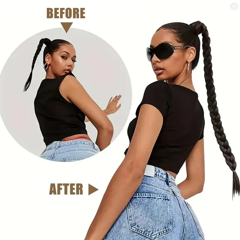 Extensión de cola de caballo sintética larga y lacia con trenza, elástico de goma, clip, postizo negro para mujer, uso diario 5