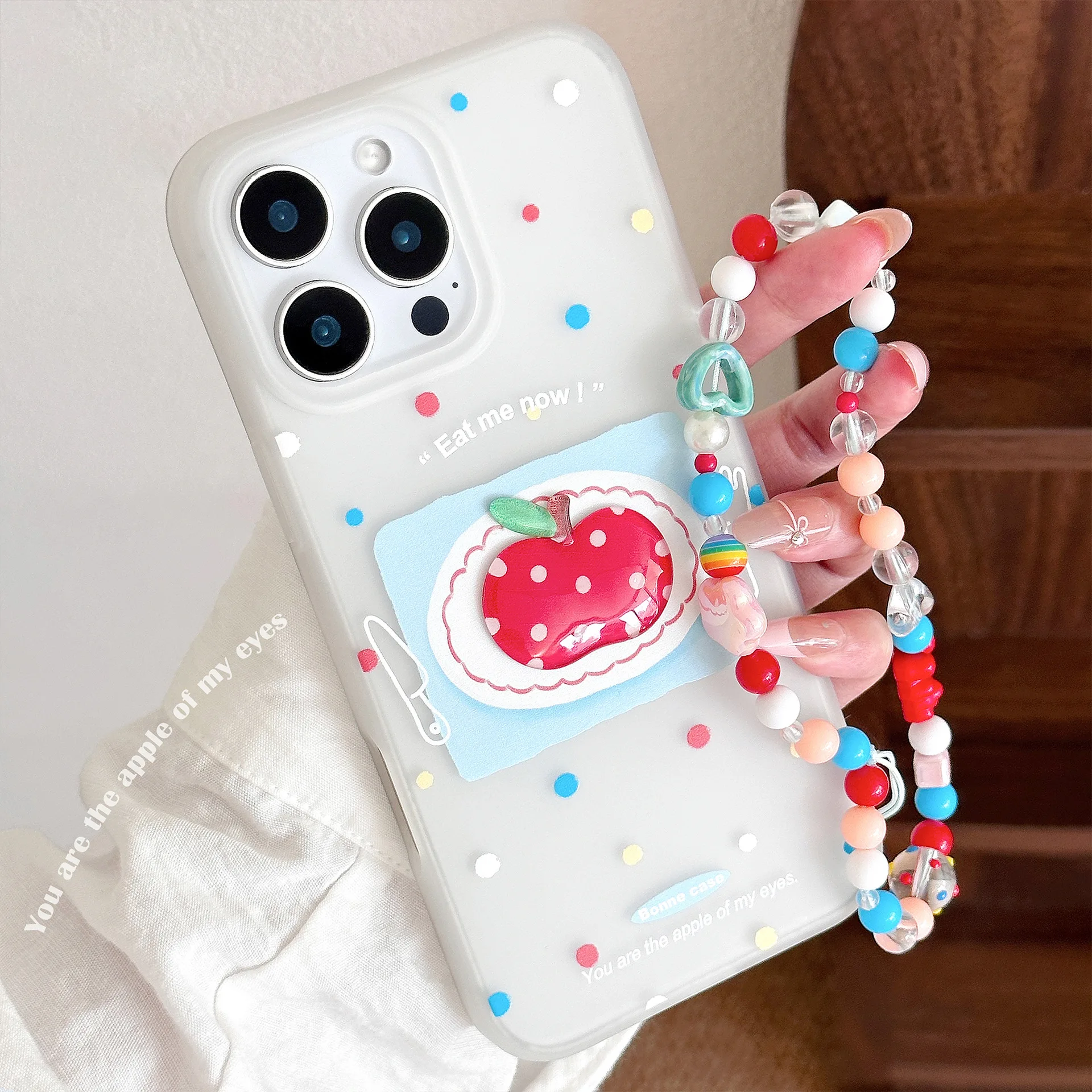 Korean Colorful Polka Dots 3D Cartoon Red Apple With Chain Phone Case for iPhone 17 16 15 14 13 12 Pro Max Shockproof Soft Cover view 3