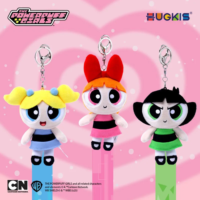 Authentic HUGKIS The Powerpuff Girls Plush Keychain Anime Cute Blossom Bubbles Stuffed Toy Bag Charm Pendant Gift for Girls