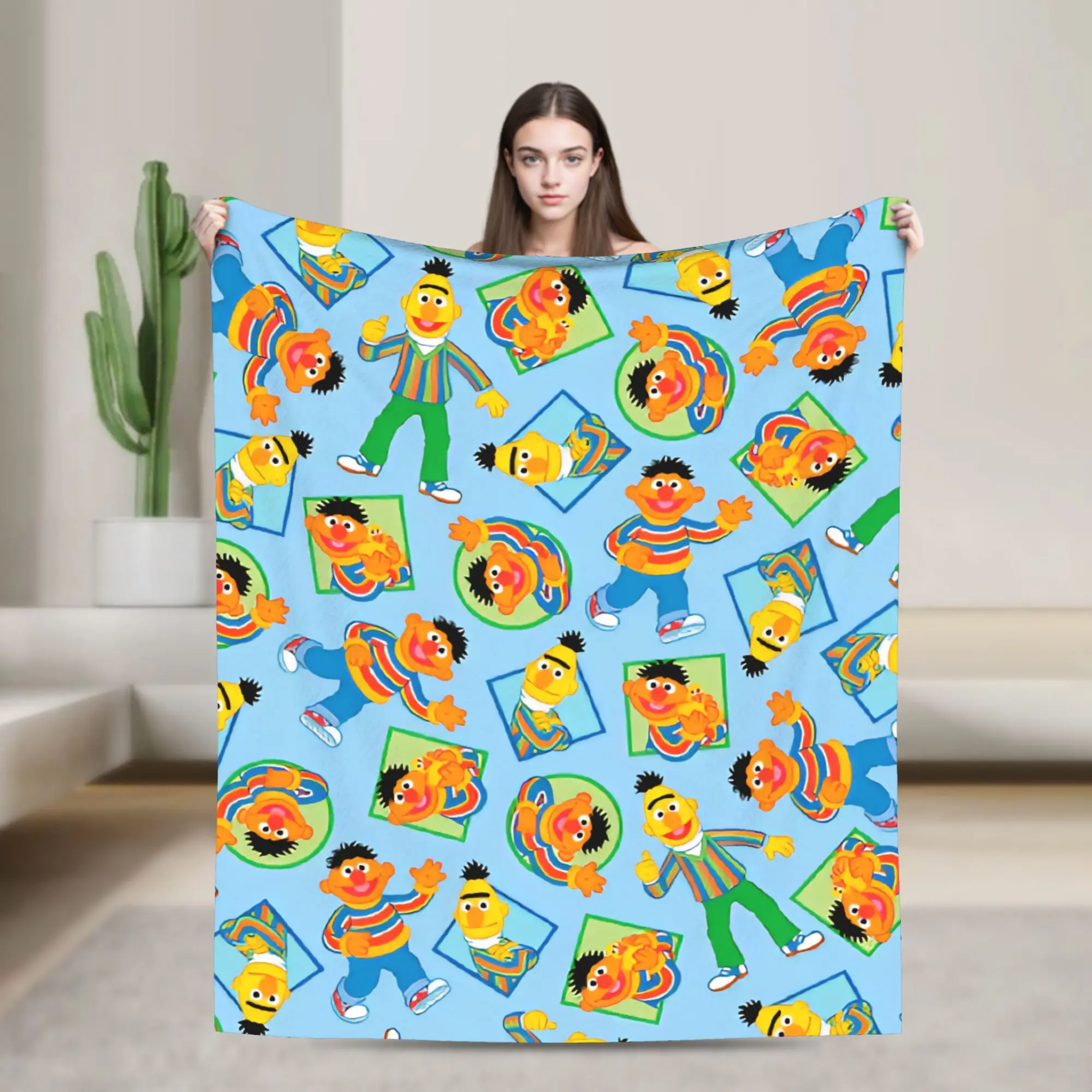Bert & Ernie Blue Warm Soft Blanket S-Sesames Streets Plush Throw Blanket Fluffy Couch Chair Flannel Bedspread Sofa Bed Cover